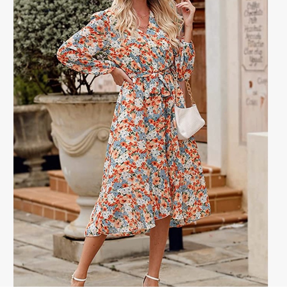PRETTYGARDEN Women's Floral Print Dress Long Sleeve Wrap V Neck Belted Dress